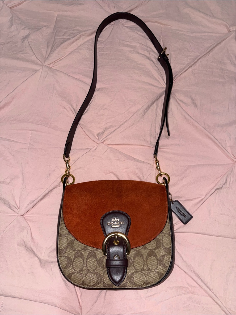 Coach Two-Tone Suede & Signature Canvas Crossbody — Brown/Chestnut